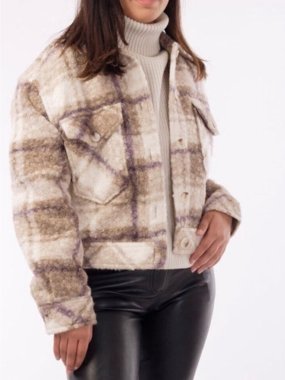 RD Style Zoe Plaid Brushed Sherpa Short Length Shacket Jacket